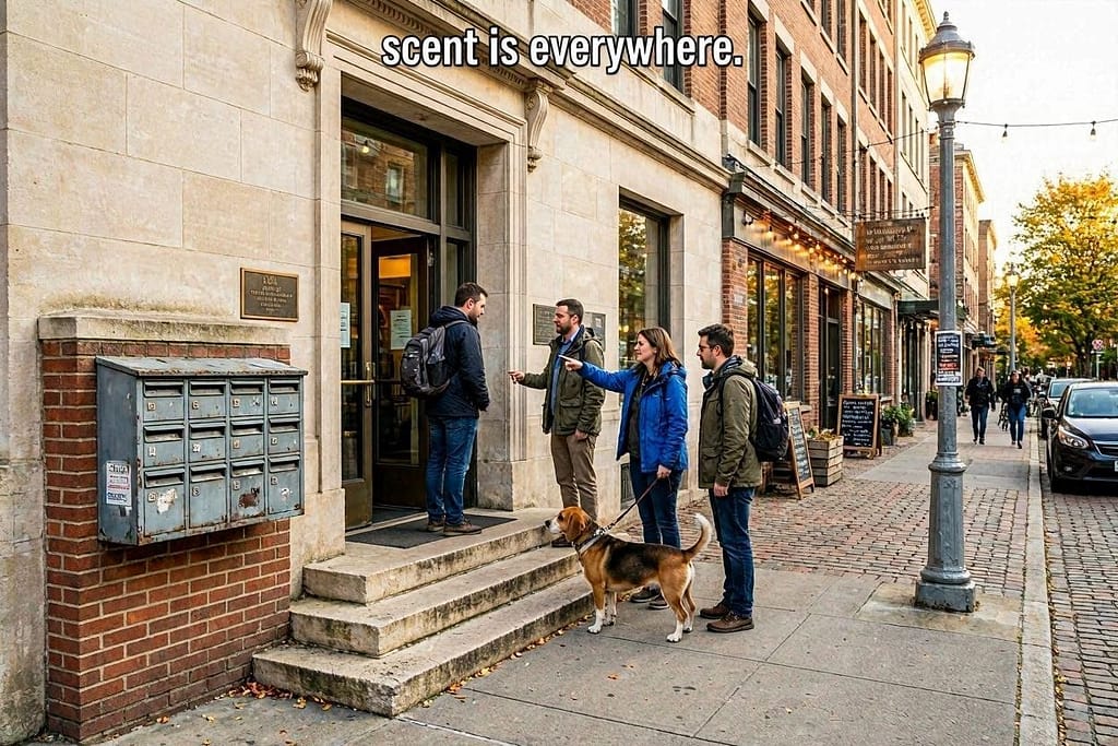 Urban sniffari spots collage Building entrance, mailbox cluster, light pole, restaurant alleyway.