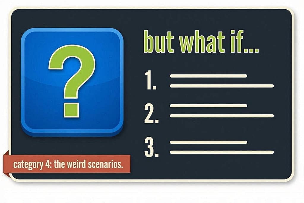 Category icon + text "But what if..." with question numbers. Text: "Category 4: The weird scenarios."