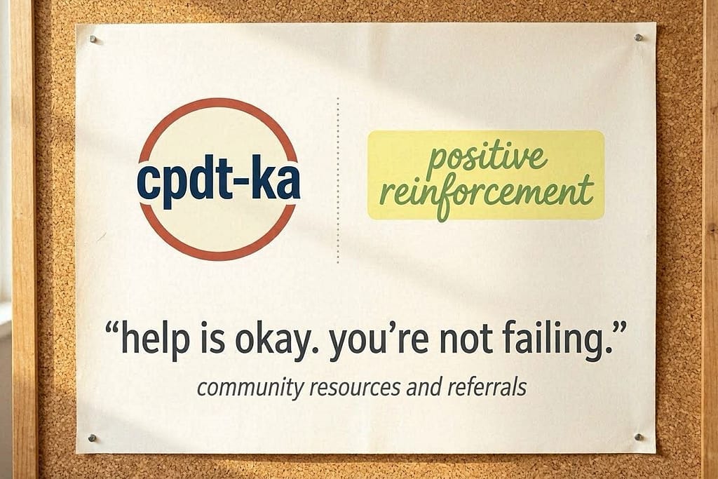 "CPDT-KA" and "Positive Reinforcement" logos. Text: "Help is okay. You're not failing."
