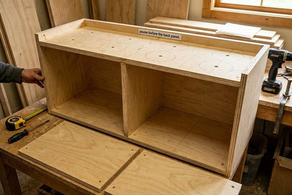 Cabinet partially assembled, back panel off, marks for bowl holes. Text: "Pause before the back panel."