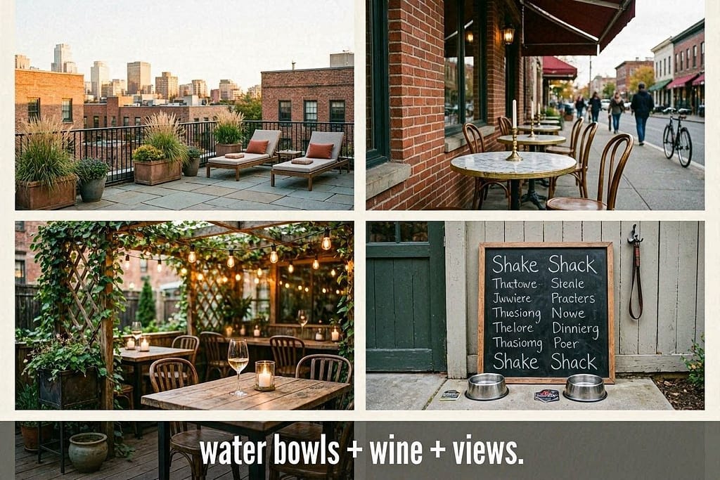 Patio hero collage 4 small photos: The Wilson rooftop, Cafe Cluny sidewalk, June Wine Bar garden, Shake Shack dog menu. Text: "Water bowls + wine + views."