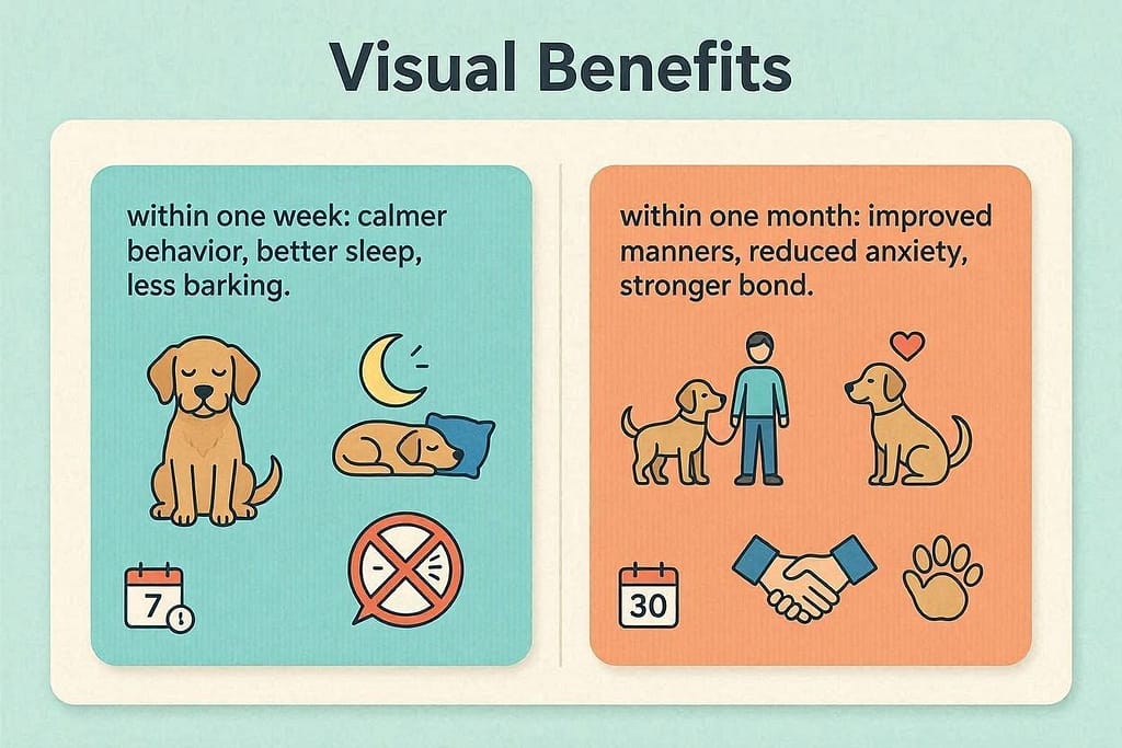 Visual benefits graphic Within One Week: Calmer behavior, better sleep, less barking. Within One Month: Improved manners, reduced anxiety, stronger bond.