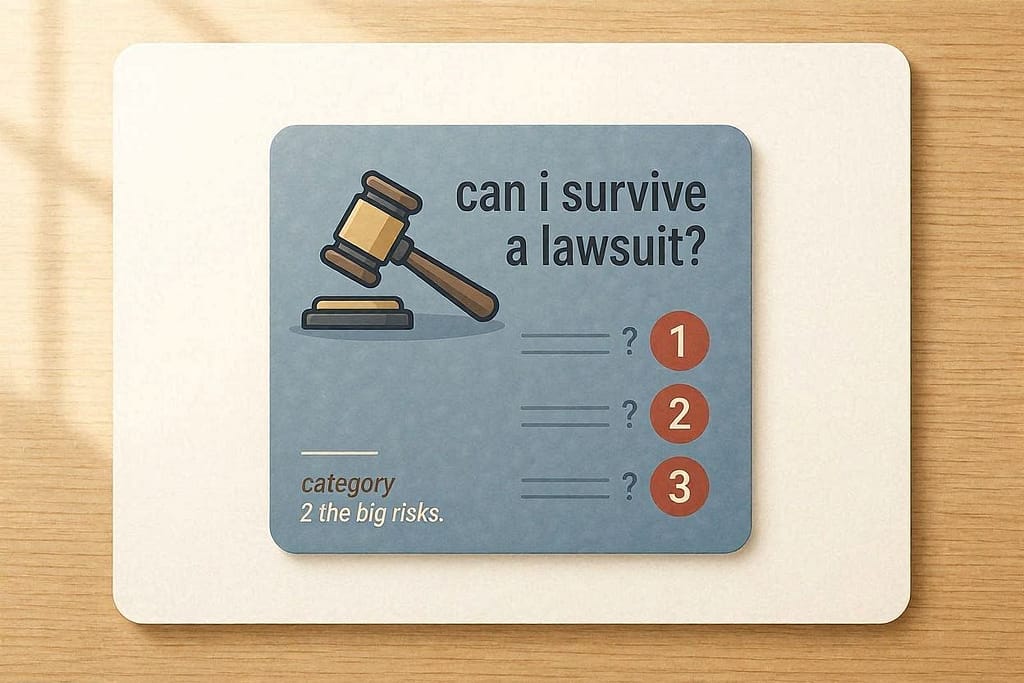 Category icon + text "Can I survive a lawsuit?" with question numbers. Text: "Category 2: The big risks."