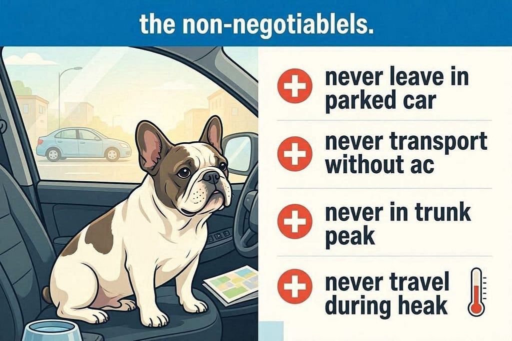 Car safety graphic ❌ Never leave in parked car / ❌ Never transport without AC / ❌ Never in trunk / ❌ Never travel during peak heat. Text: "The non-negotiables."