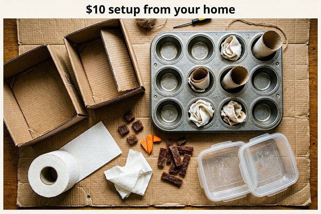 Toolkit flat lay Cardboard boxes, muffin tin, paper towels, old towels, plastic containers, high-value treats. Text: "$10 setup from your home."