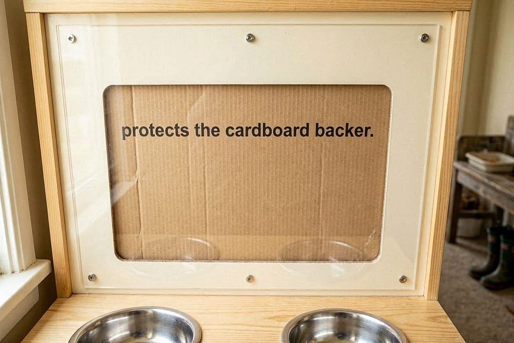Clear plexiglass attached to inside back of feeding station. Text: "Protects the cardboard backer."