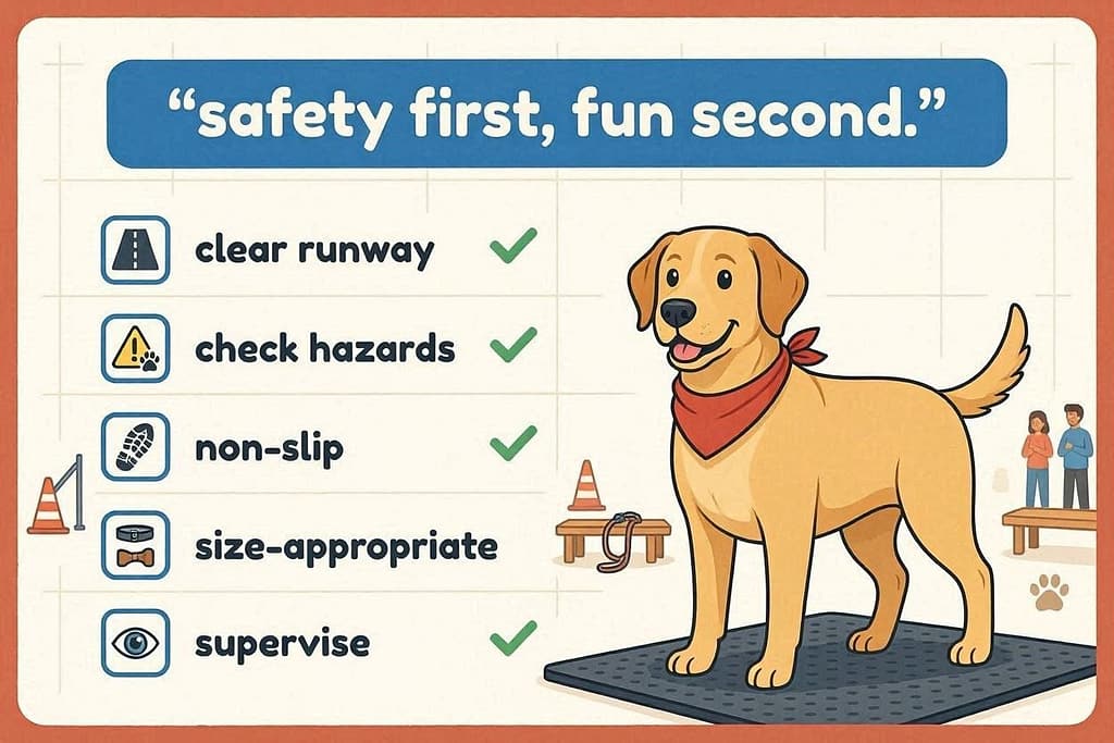 Safety checklist graphic Clear runway, check hazards, non-slip, size-appropriate, supervise.