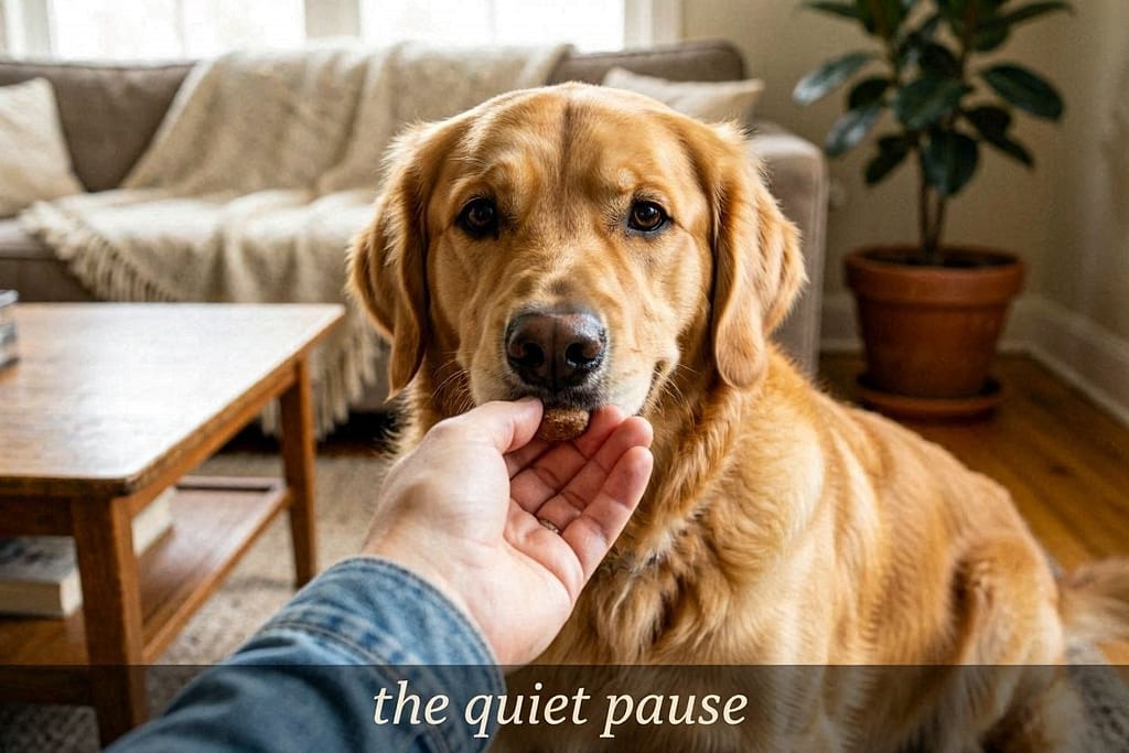Closed hand with treat in front of dog's nose, dog's mouth closed, making eye contact. Text: "The quiet pause