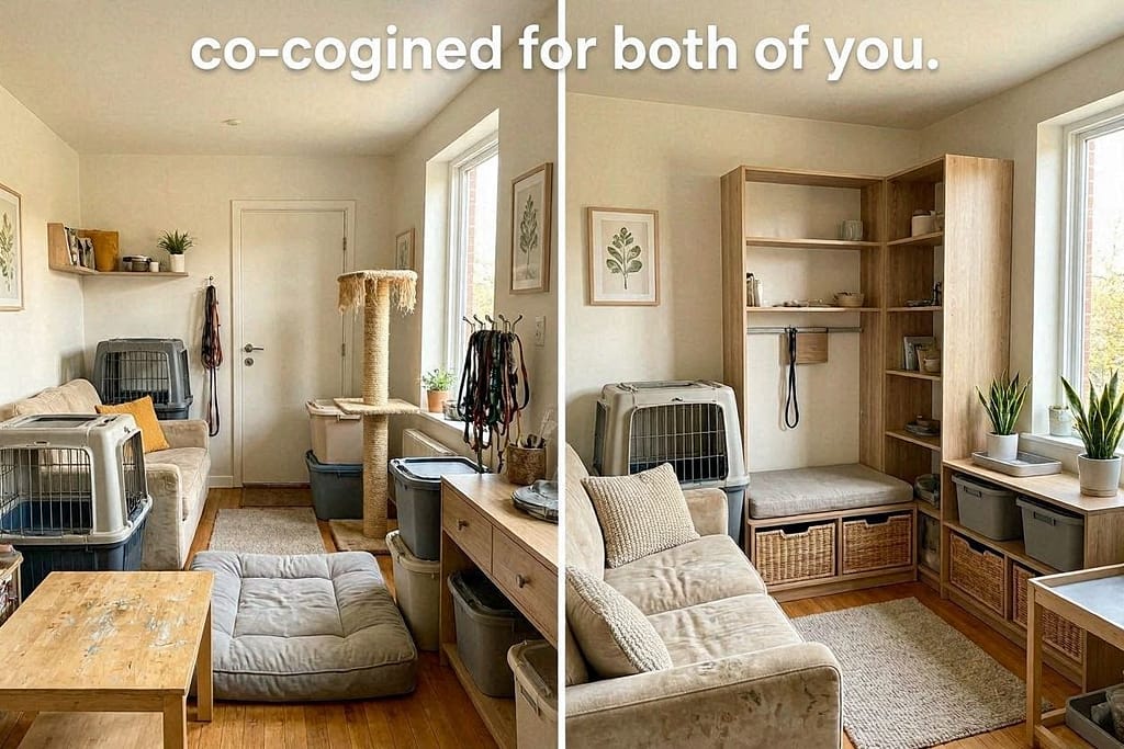 Left: Cluttered apartment with bulky pet gear. Right: Same room with IKEA hacks integrated seamlessly. Text: "Co-designed for both of you."