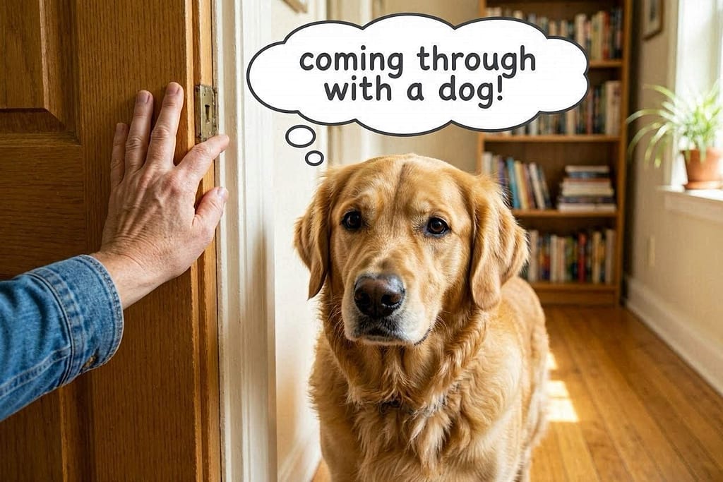 Owner's hand visible around corner, dog behind. Thought bubble: "Coming through with a dog!"