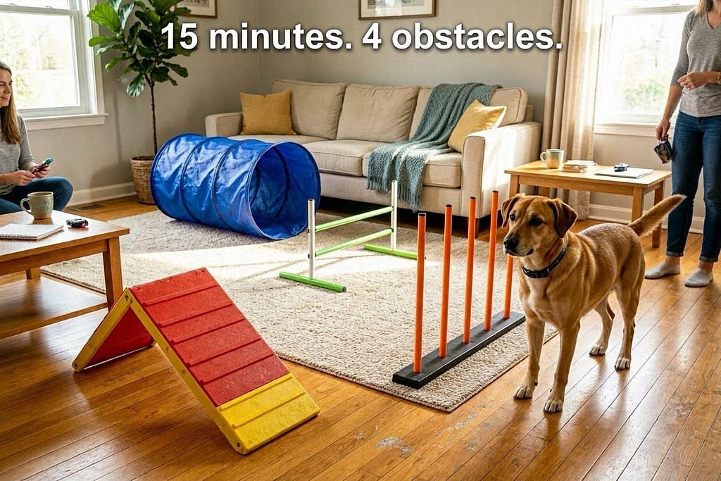 Beginner course hero photo Complete beginner course layout in living room. Text: "15 minutes. 4 obstacles."