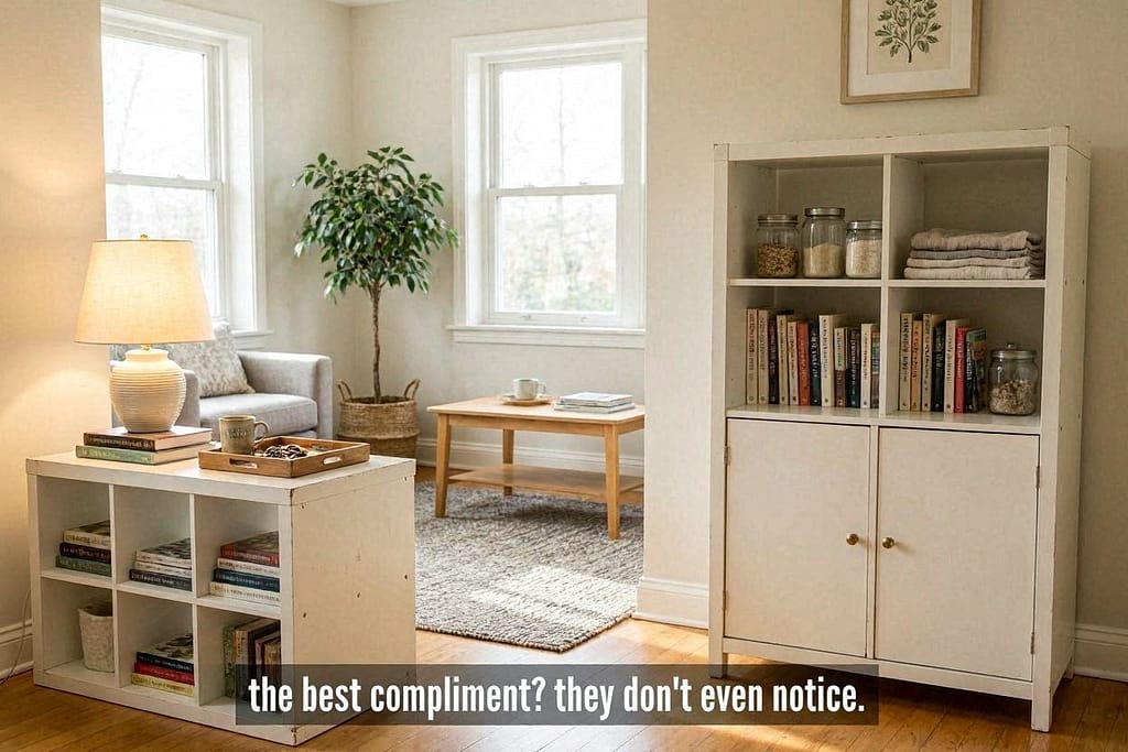 Complete room shot: KALLAX crate side table, BILLY pantry, all looking like regular furniture. Text: "The best compliment? They don't even notice."