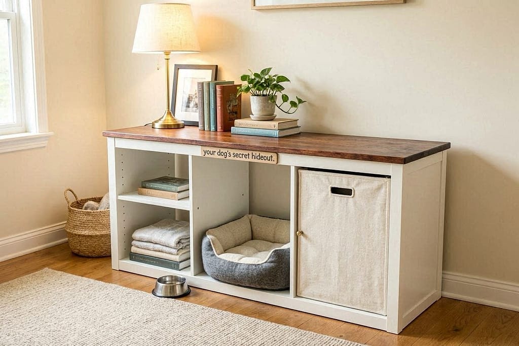 Complete with lamp, books, dog bed inside. Text: "Your dog's secret hideout."