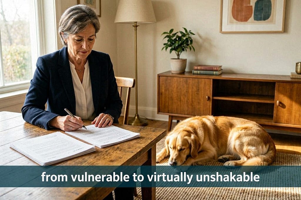 Confident owner reviewing insurance documents, dog sleeping peacefully, relaxed environment. Text: "From vulnerable to virtually unshakable."