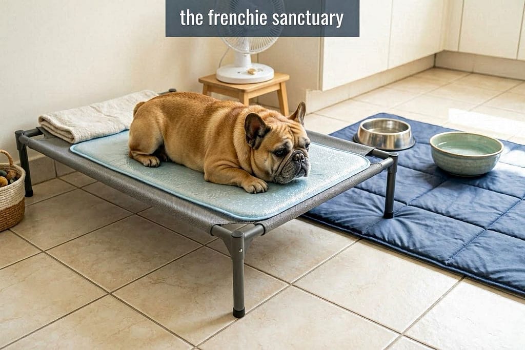 Home cooling station photo Cool mats, elevated cot, fan, water bowls, ceramic tiles. Text: "The Frenchie sanctuary."