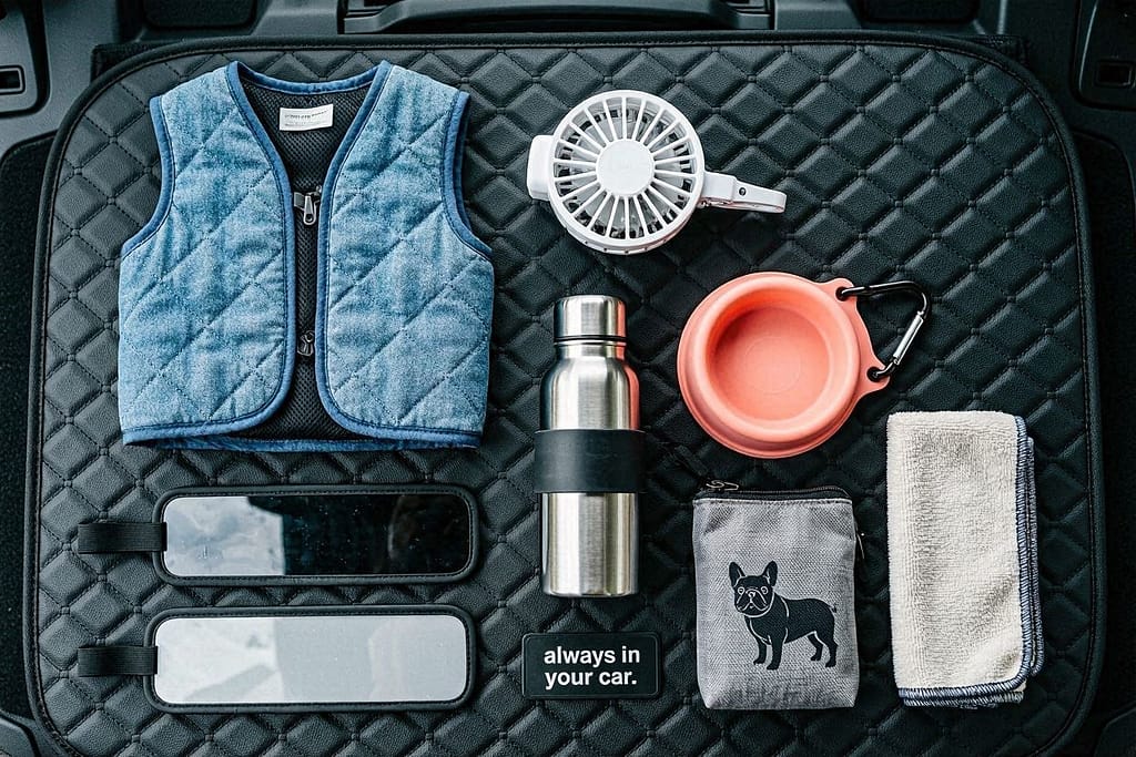 Car travel kit flat lay Cooling vest, portable fan, insulated bottle, collapsible bowl, sun shades, towel. Text: "Always in your car."