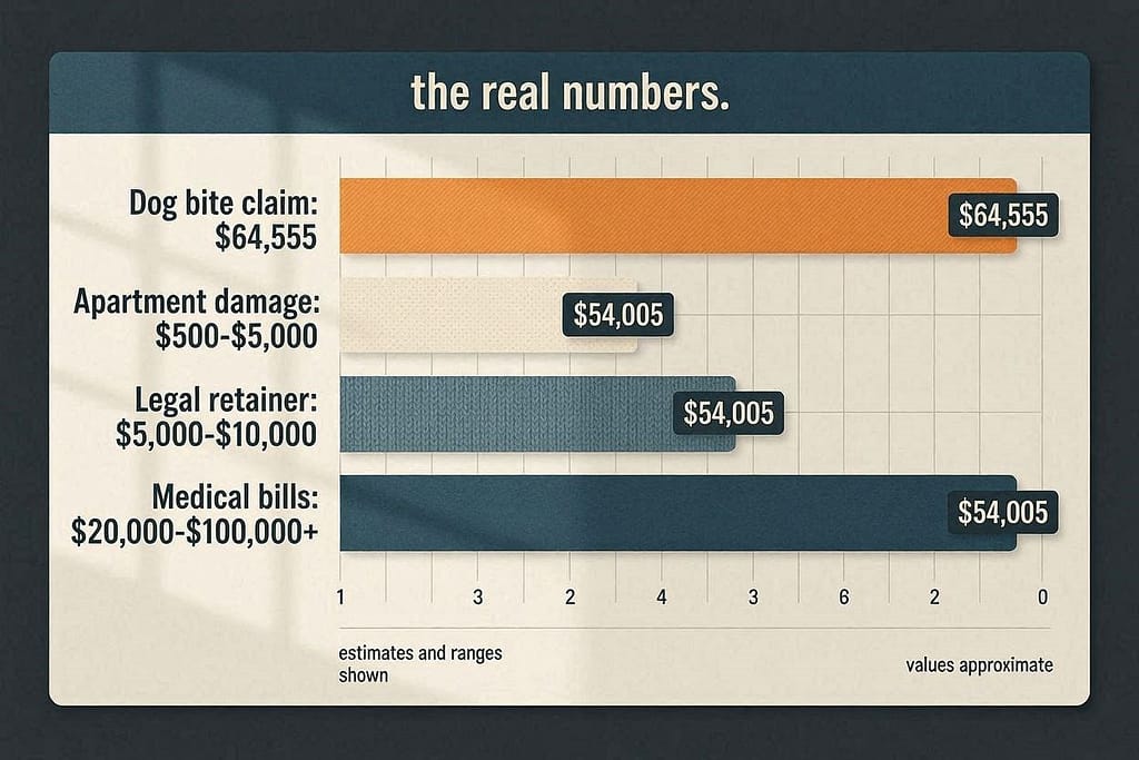 Cost comparison graphic Dog bite claim: $64,555 / Apartment damage: $500-$5,000 / Legal retainer: $5,000-$10,000 / Medical bills: $20,000-$100,000+. Text: "The real numbers."