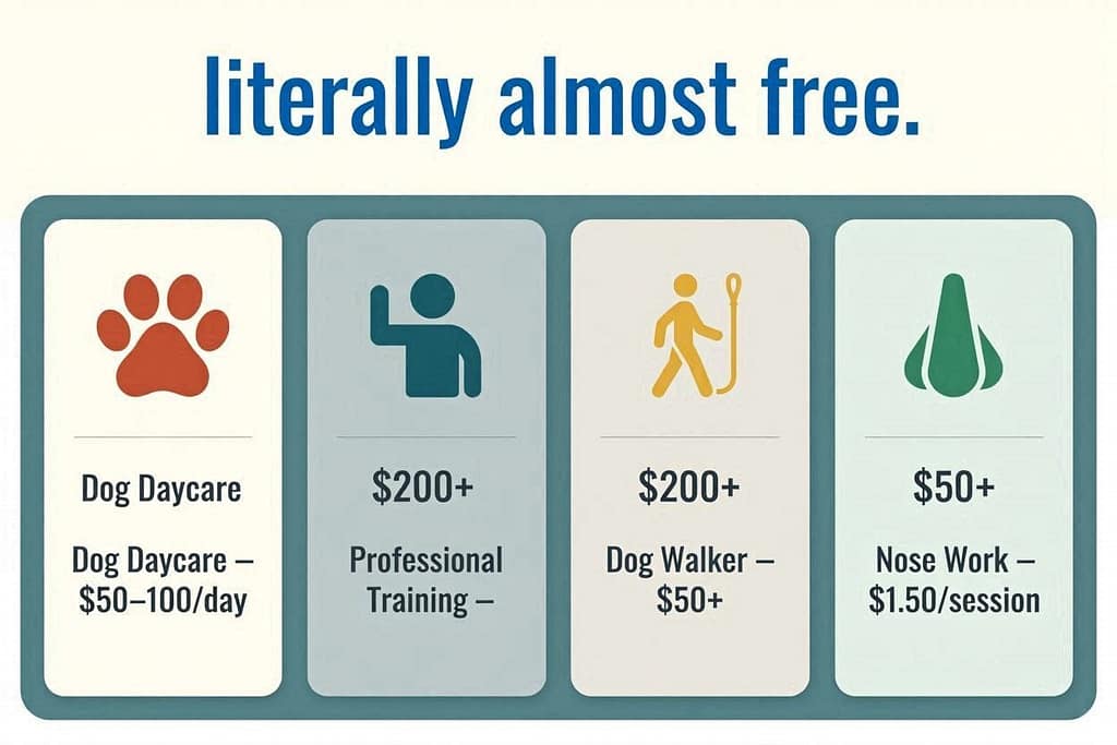 Cost comparison graphic Dog daycare ($30-50/day), Professional training ($100+), Dog walker ($20-30), Nose work ($0.50/session). Text: "Literally almost free."