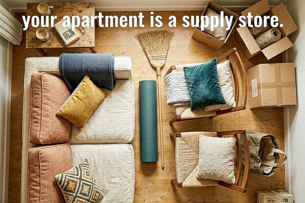 Supply flat lay (Living Room) Couch cushions, pillows, blankets, dining chairs, yoga mat, broom, cardboard boxes. Text: "Your apartment is a supply store."