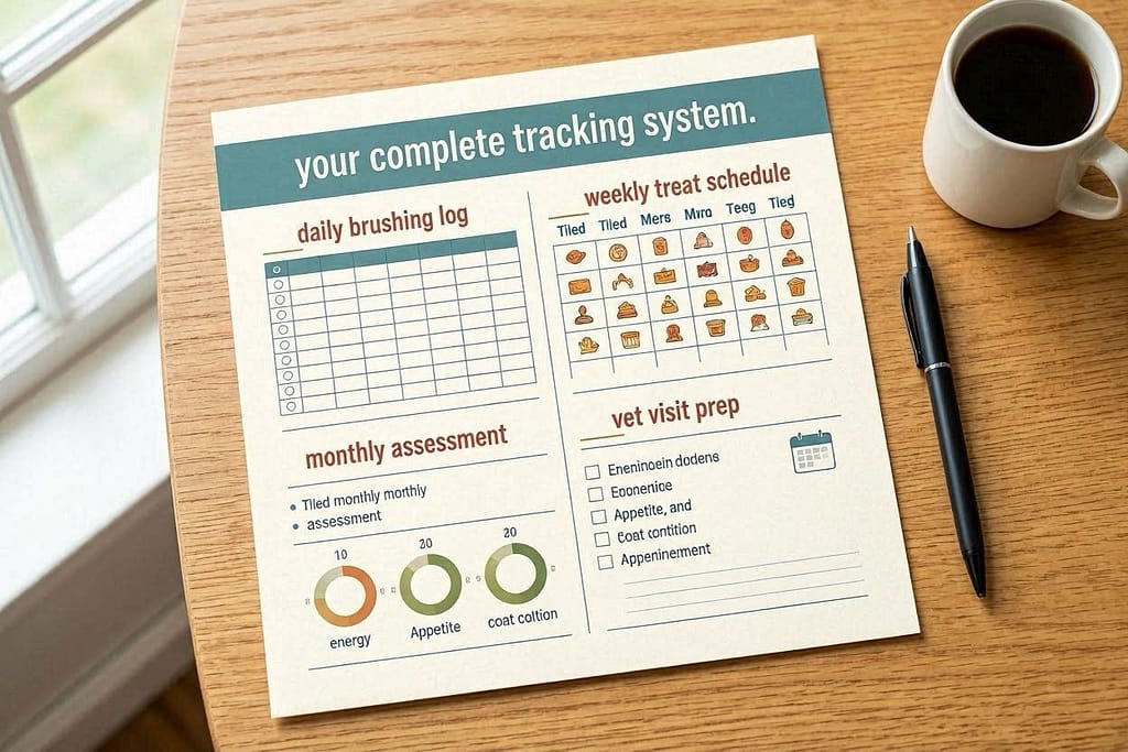 Printable tracker mockup Daily brushing log, weekly treat schedule, monthly assessment, vet visit prep. Text: "Your complete tracking system."