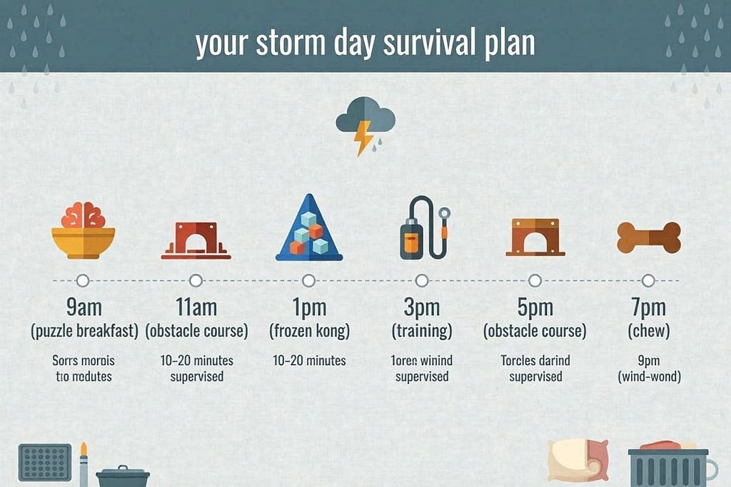 Daily schedule infographic 9am (Puzzle breakfast) → 11am (Obstacle course) → 1pm (Frozen Kong) → 3pm (Training) → 5pm (Obstacle course) → 7pm (Chew) → 9pm (Wind-down). Text: "Your storm day survival plan."