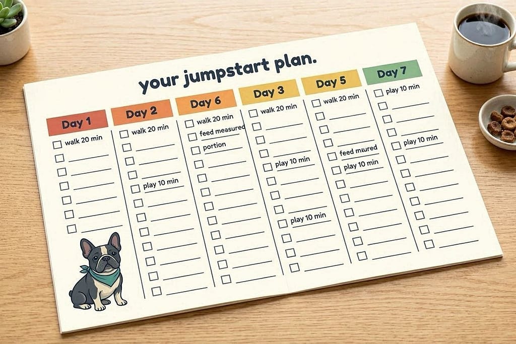 7-day calendar preview Days 1-7 with daily goals and checkboxes. Text: "Your jumpstart plan."