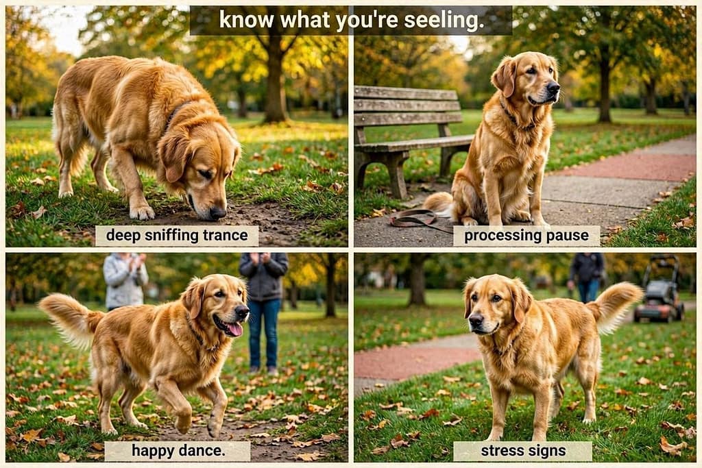 Deep sniffing trance / Processing pause / Happy dance / Stress signs. Text: "Know what you're seeing."