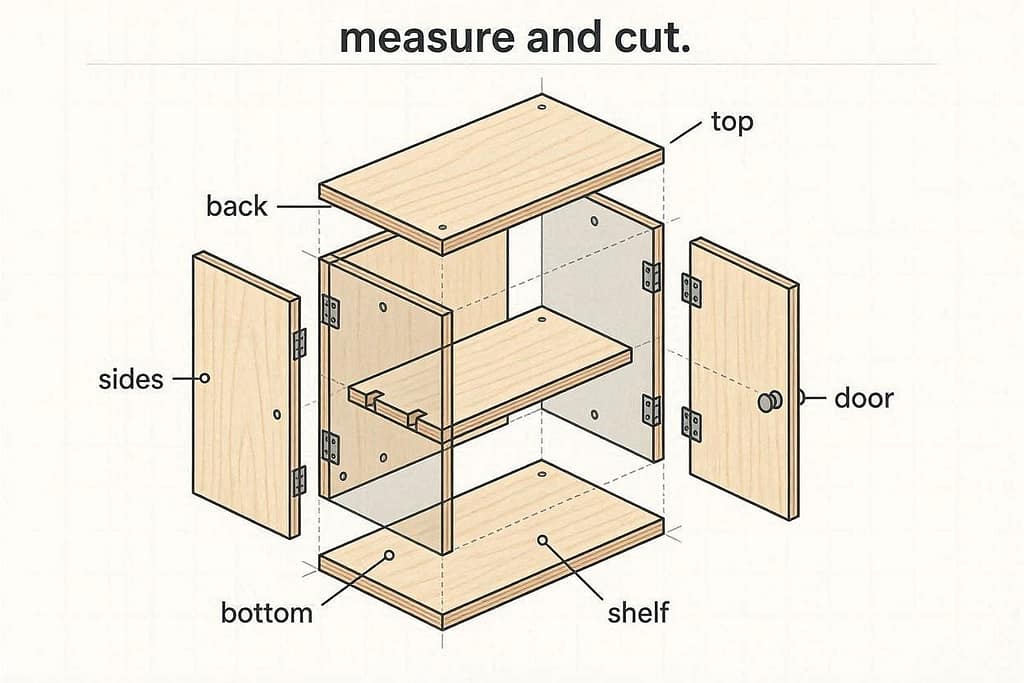 Diagram with labeled pieces: top, bottom, sides, shelf, back, door. Text: "Measure and cut."