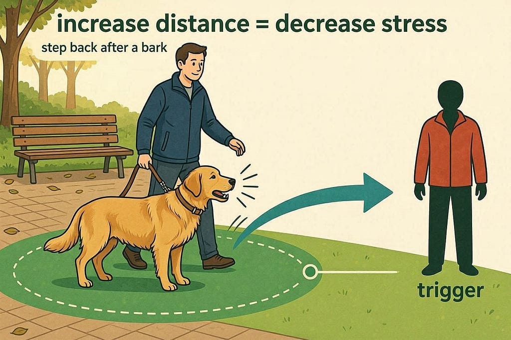 Dog and trigger at safe distance (green), arrow showing owner creating more space after bark. Text: "Increase distance = decrease stress"
