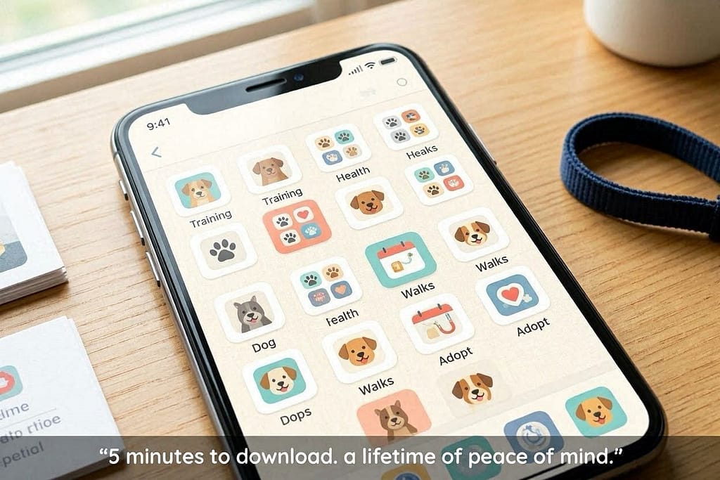 Phone home screen mockup Dog apps arranged in folders on a clean home screen. Text: "5 minutes to download. A lifetime of peace of mind."