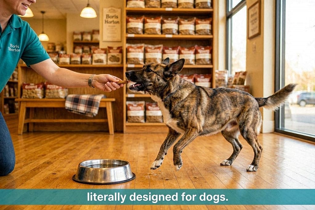 Boris & Horton action photo Dog at Boris & Horton, water bowl visible, staff giving treat. Text: "Literally designed for dogs."