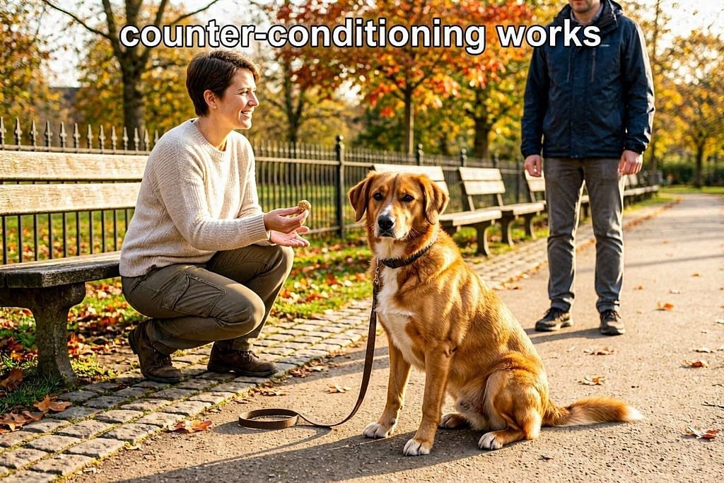 Dog at safe distance from person, owner feeding treats. Text: "Counter-conditioning works"