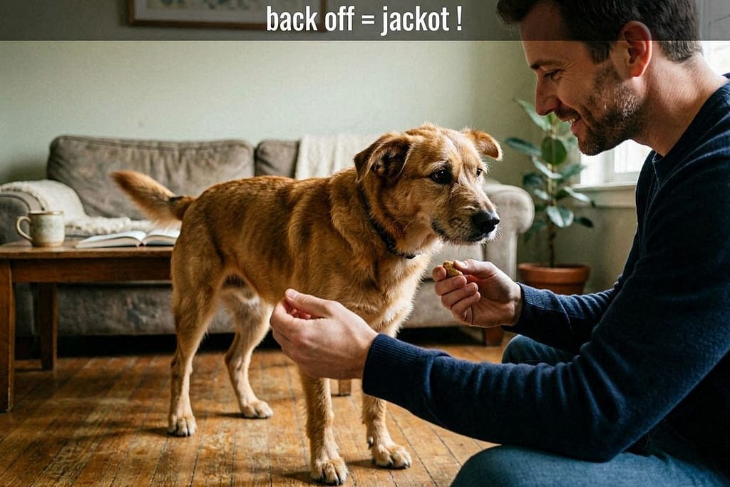 Dog backs off from closed fist → Owner says "Yes!" → Gives treat from other hand. Text: "Back off = jackpot!"