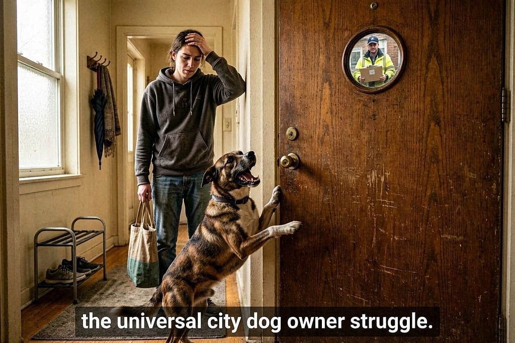 Dog barking at apartment door, owner looking stressed, delivery person visible through peephole. Text: "The universal city dog owner struggle."