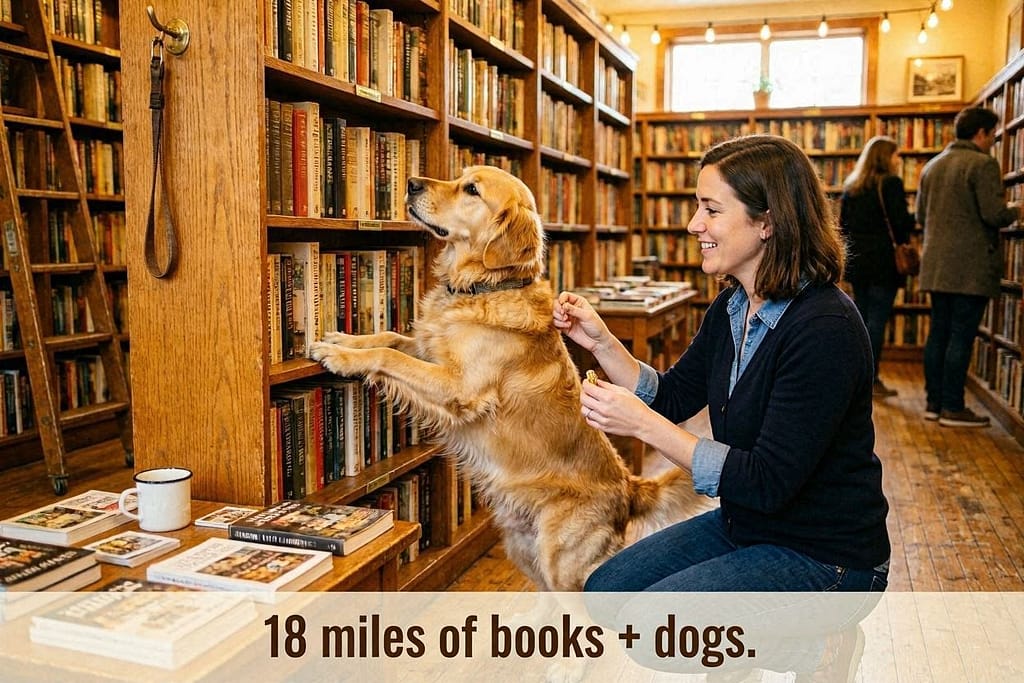 Strand action photo Dog browsing books, staff giving treat. Text: "18 miles of books + dogs."