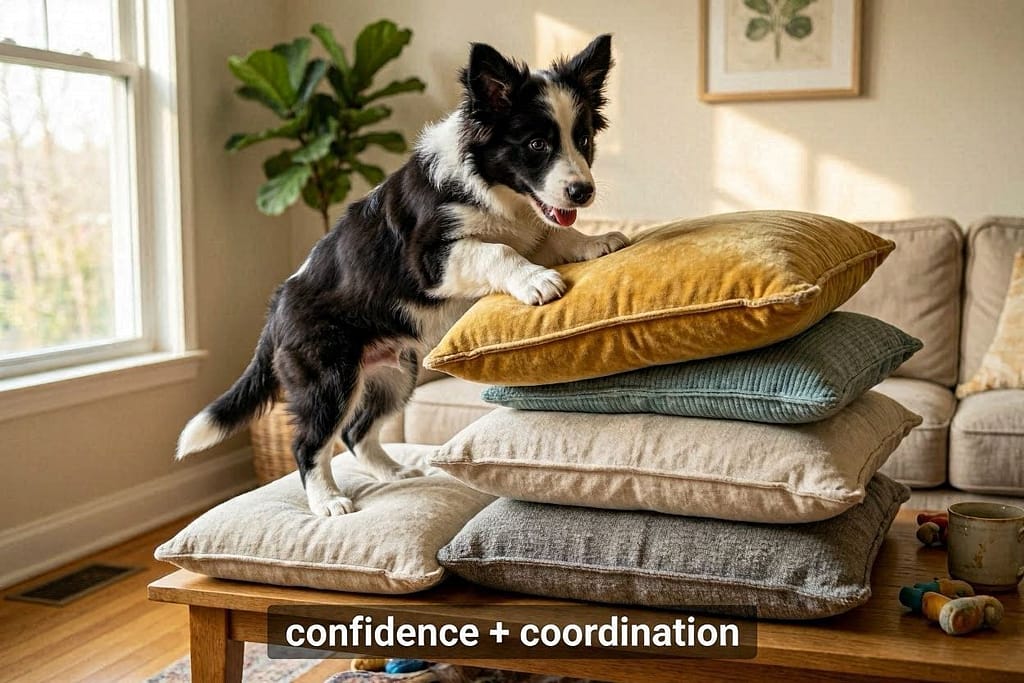 Cushion climb action photo Dog climbing over stacked cushions. Text: "Confidence + coordination."