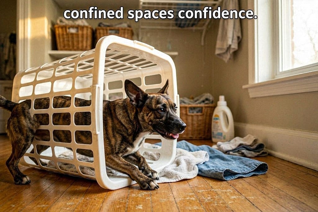 Basket crawl action photo Dog crawling through laundry basket on its side. Text: "Confined spaces = confidence."