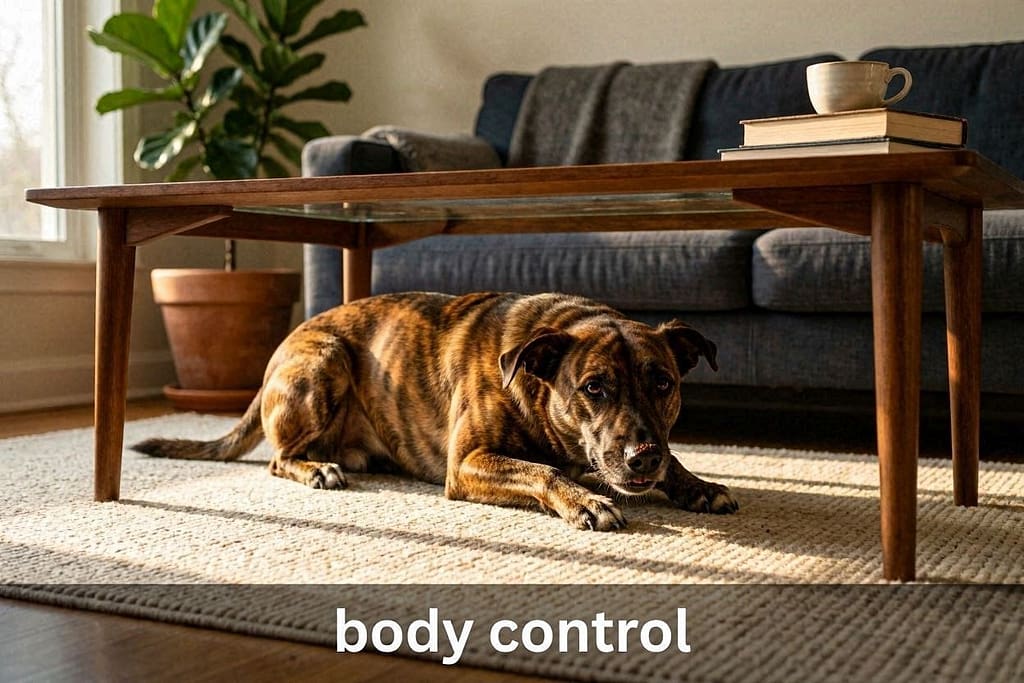 Table crawl action photo Dog crawling under coffee table. Text: "Body control."