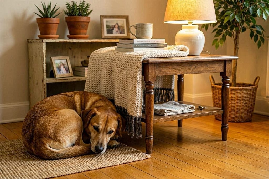 Dog curled up in consistent spot (e.g., under a side table with a blanket draped over). Warm lighting.