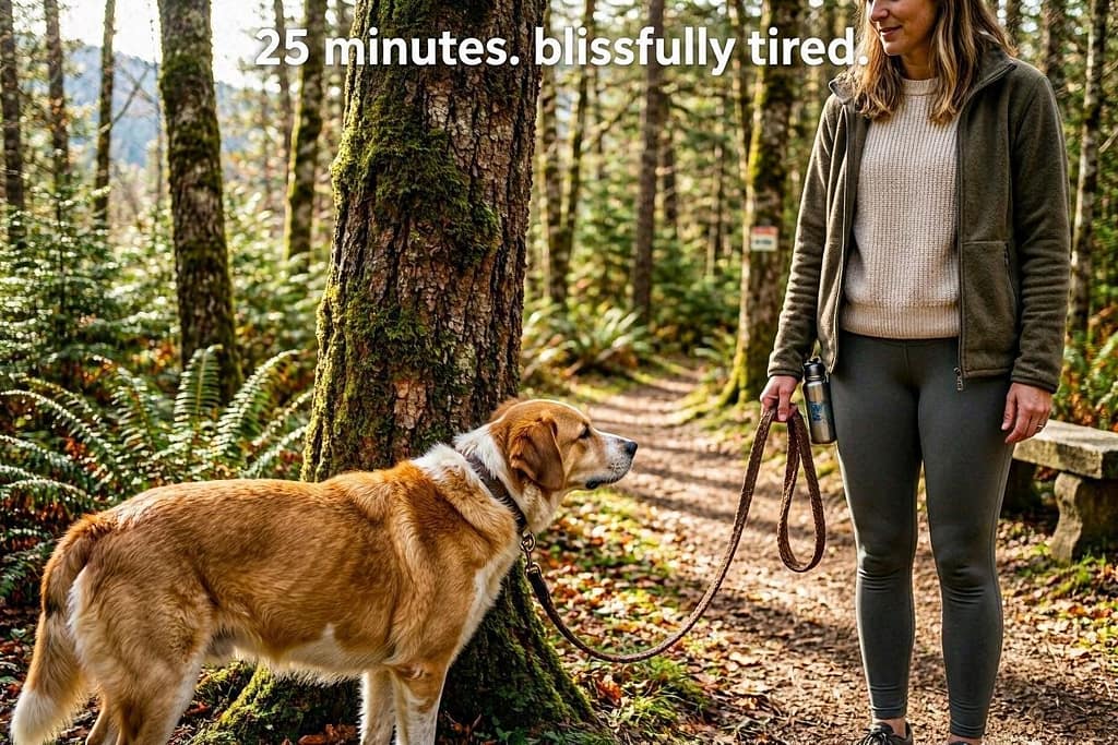 Aspirational hero photo Dog deeply sniffing a tree trunk, owner relaxed with slack leash, nature background. Text: "25 minutes. Blissfully tired."