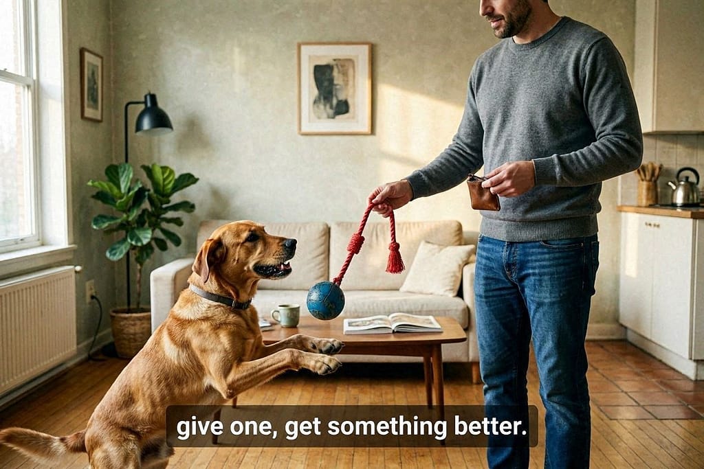 Dog dropping toy, owner showing different toy or treat. Text: "Give one, get something better."