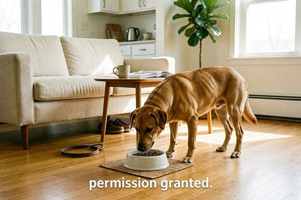 Dog eating from bowl after release, owner's foot/removed. Text: "Permission granted."