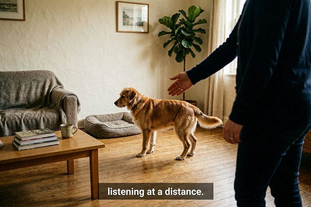 Distance sendaway photo Dog going to bed from across room. Text: "Listening at a distance."