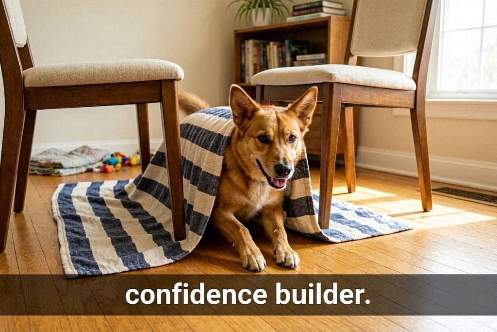 Blanket tunnel action photo Dog going under blanket between chairs. Text: "Confidence builder."
