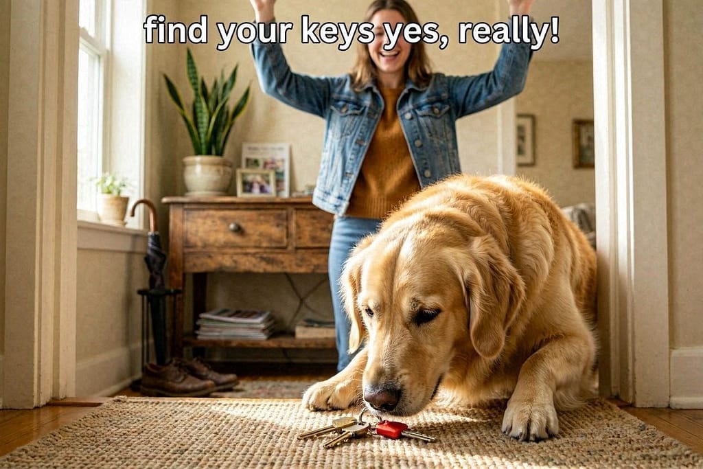 Dog identifying keys by scent, owner celebrating. Text: "Find your keys (yes, really!)"