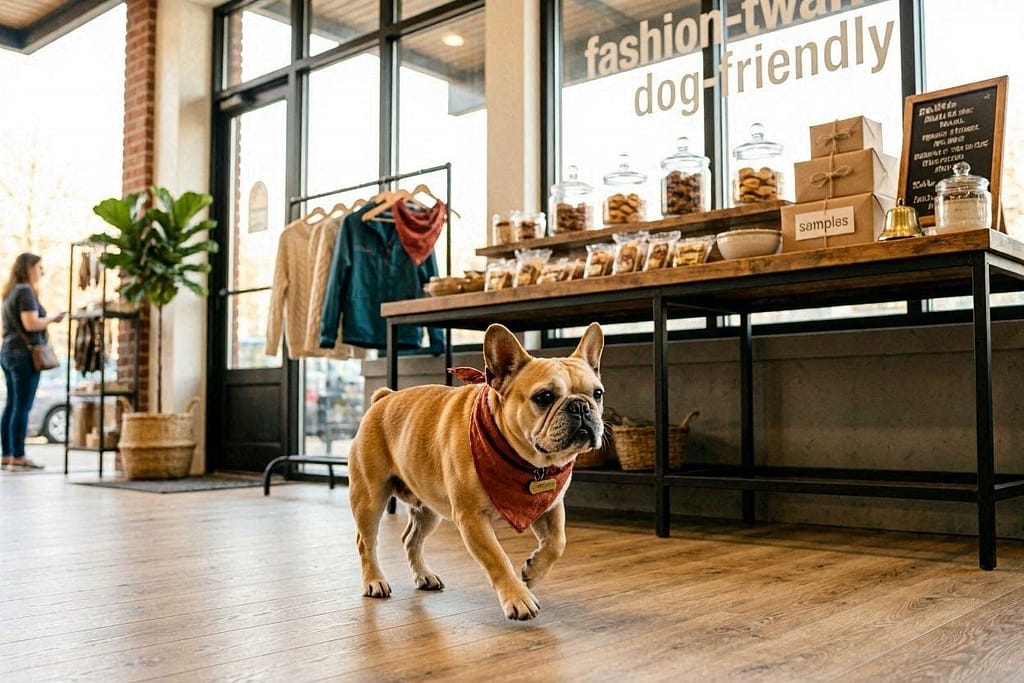 Dog & Co action photo Dog in boutique, treat bar visible. Text: "Fashion-forward + dog-friendly."