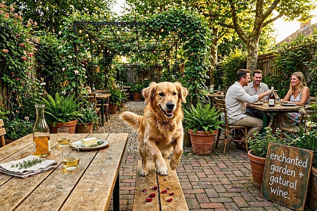 June Wine Bar action photo Dog in enchanted garden, natural wine setting. Text: "Enchanted garden + natural wine."