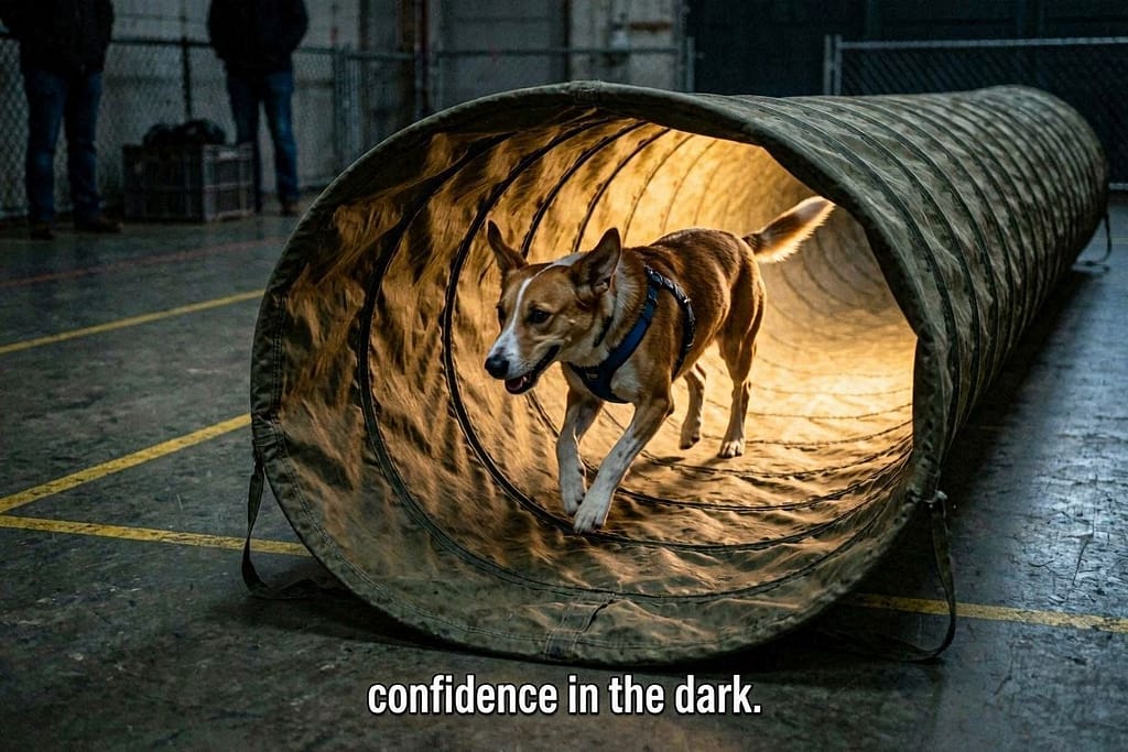 Long tunnel action photo Dog in longer blanket tunnel. Text: "Confidence in the dark."