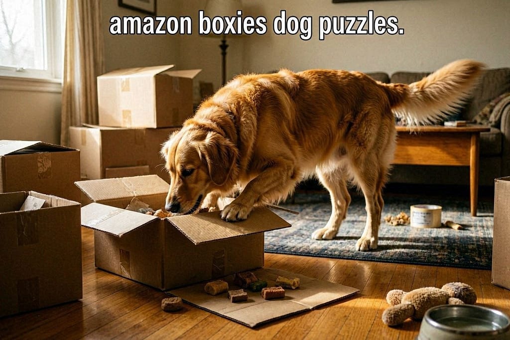 Dog investigating multiple boxes, treats scattered. Text: "Amazon boxes = dog puzzles."