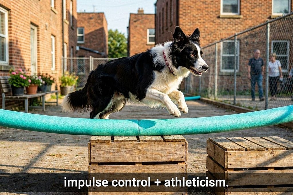 Pool noodle jump action photo Dog jumping over noodle on boxes. Text: "Impulse control + athleticism."